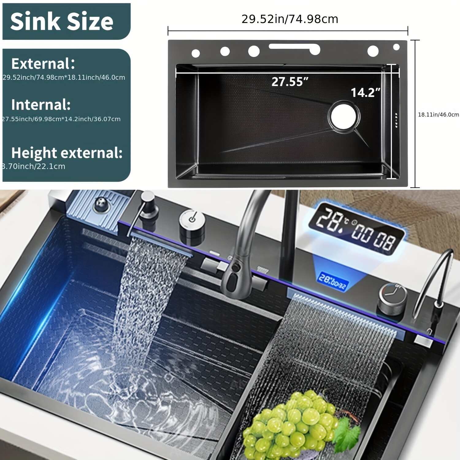 1 Set Single Bowl Kitchen Sink, Stainless Steel Undercounter Sink with Pull Down Sprayhead Faucet, Contemporary Rectangle Bar Sink, Brushed Gun Gray Finish, Right Drain Location, Faucet-included, No Battery No Electricity Needed