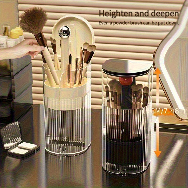 portable makeup brush organizer with press dustproof design automatic up down eyelash brush holder compact plastic desktop makeup storage box for eyeliner brushes no   Product details 6