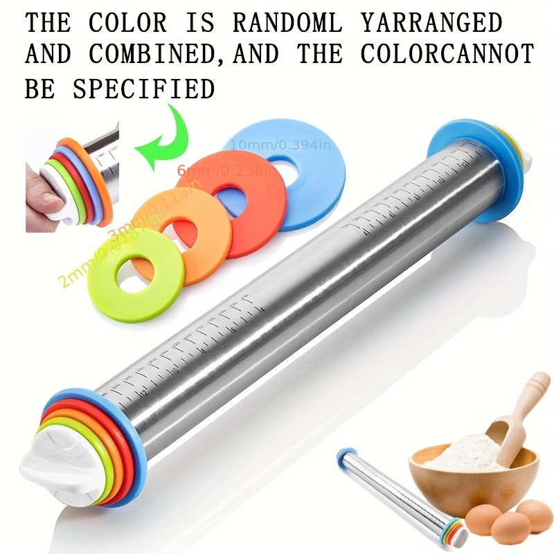 17 Inch Stainless Steel Rolling Pin, With Adjustable Roller Thickness Scale, For Rolling Dough, Pastries And Fondant, Random Color