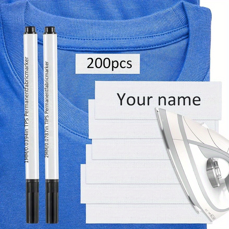 

200pcs Writable Iron On Clothing Labels Precut Fabric Personalized Name Tags With 2pcs Permanent Markers For Nursing Home College Camp Day Care Uniforms