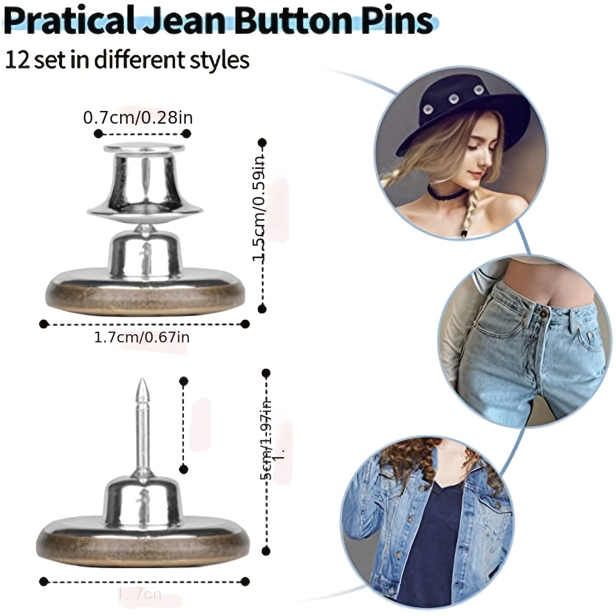 12 Sets Jean Buttons Pins for Jeans, No Sew Jean Buttons for Loose