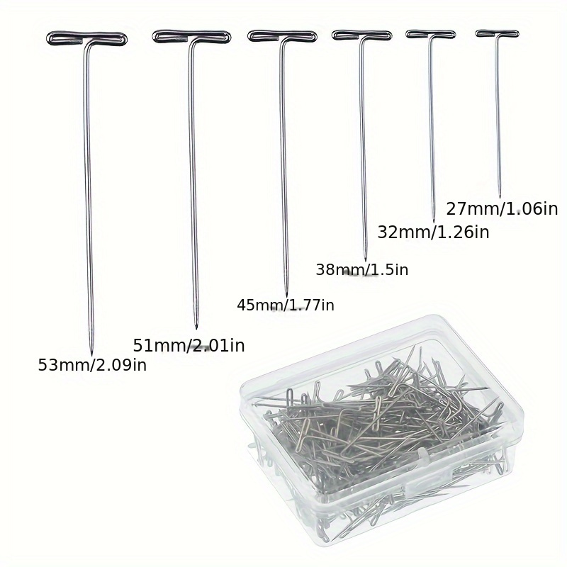 100pcs T Pins for Wig Heads, 1.5inch Stainless Steel Wig Straight Pins with  a Plastic Box T Pins for Crafts Blocking Knitting Sewing (Silver)