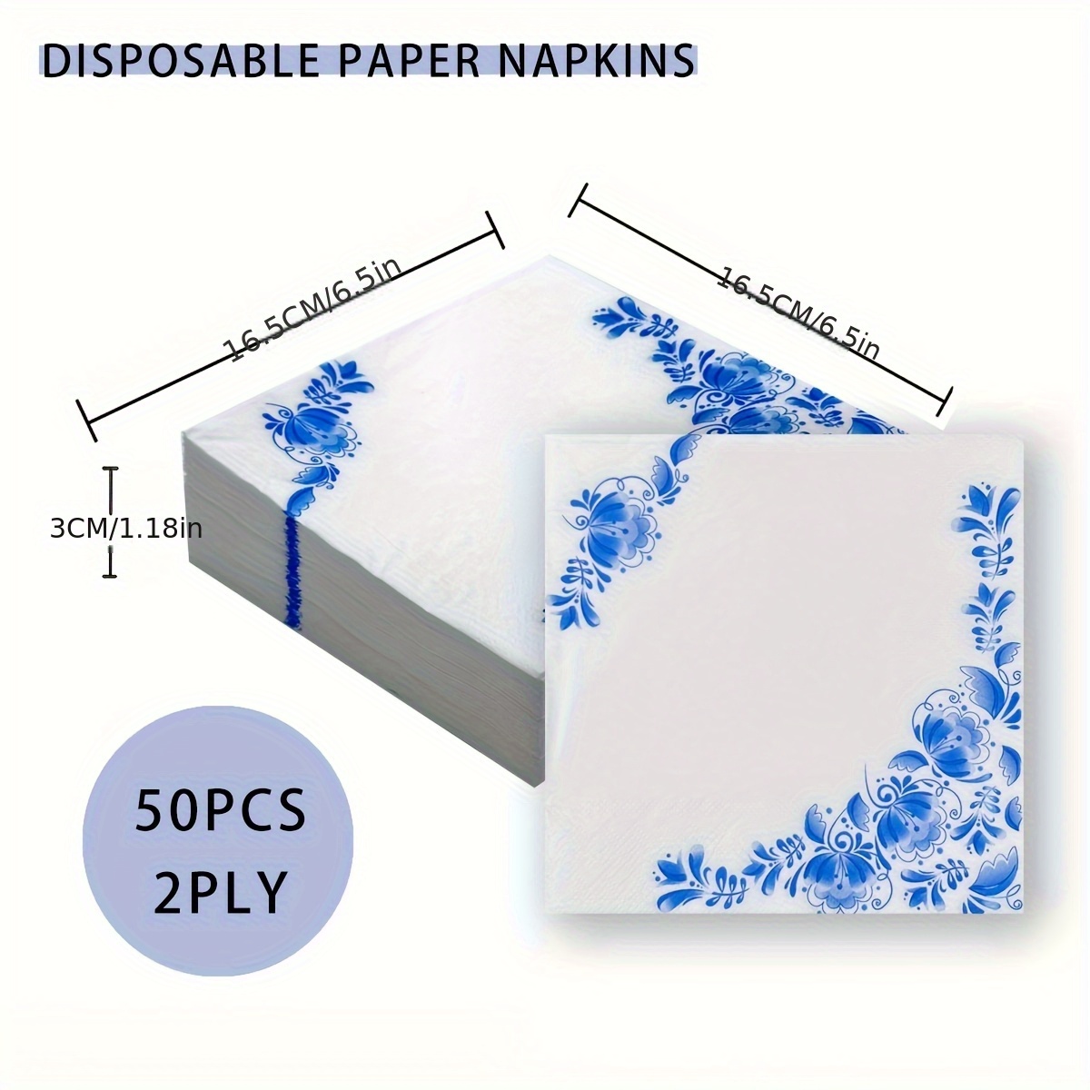 Image of 50pcs/set, Elegant Blue Floral Printed Paper Serviettes 13*13inch, Disposable Wedding Birthday Holiday Restaurant Decoration Paper Napkins, Party Table Supplies, Wood For Halloween、christmas