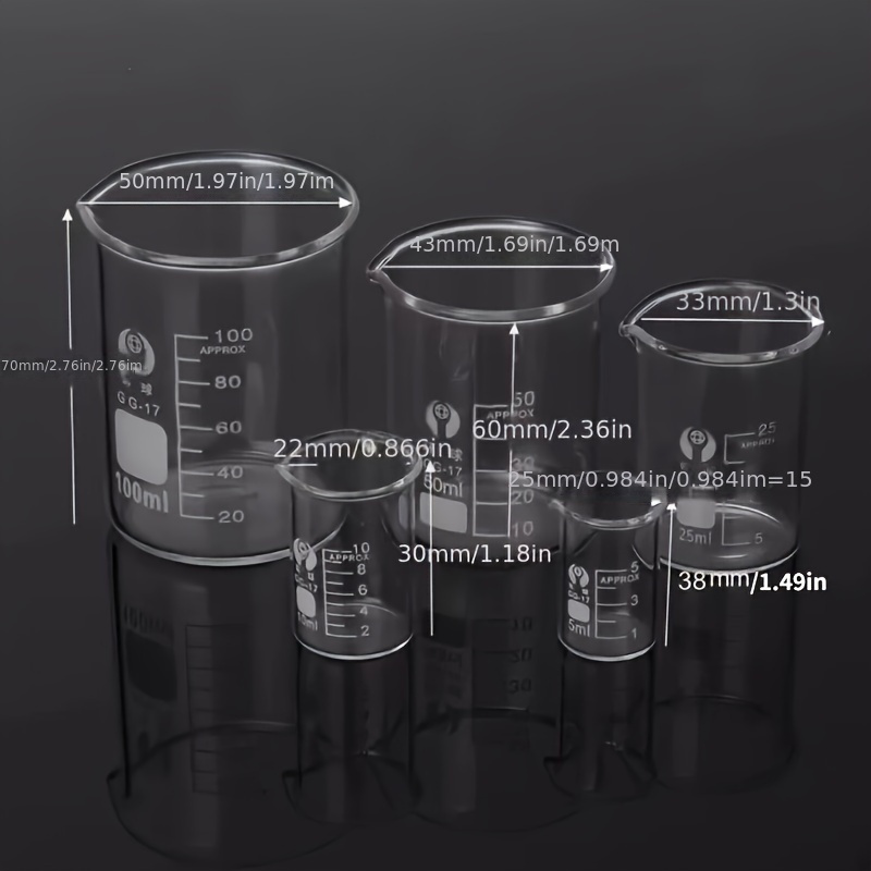 5-delni laboratorijskih steklenih čaš: 0,17 oz, 0,34 oz, 0,85 oz, oz, 3,38 oz - V-oblikovana zasnova, neprepustna konstrukcija, primerno za
