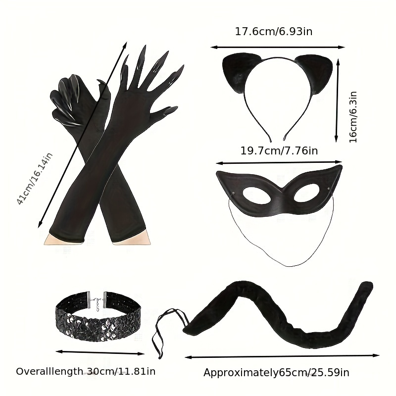 5pcs halloween costume accessories set cosplay kit with long claw gloves cat ears headband choker necklace masquerade mask and tail for witch wizard theme parties details 0