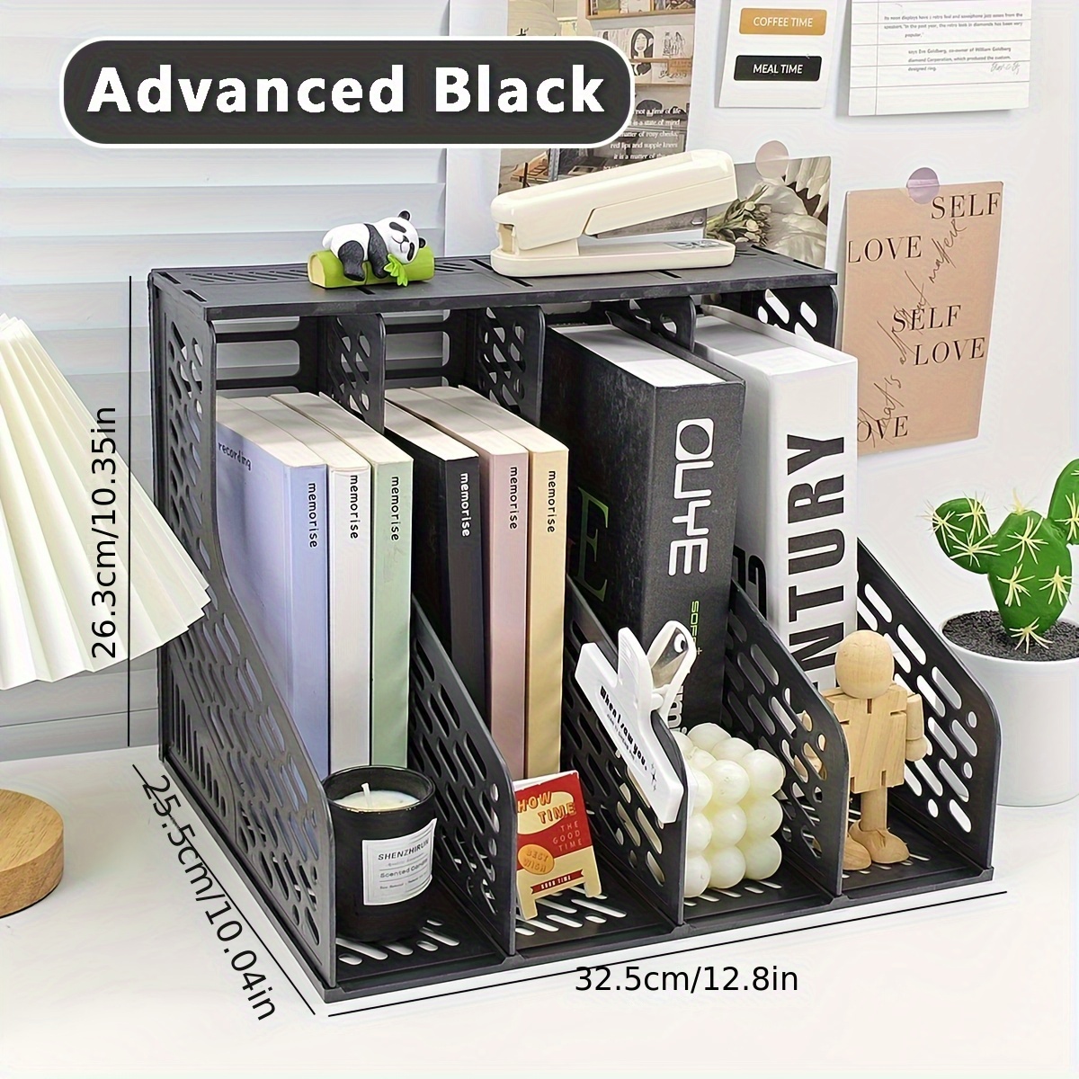 TEMU Bookshelf Bookend Rack, Colorful File Holder, Pen Cup, A4 Document Organizer, Creative Four-section Desktop File Storage Rack, Four-column File