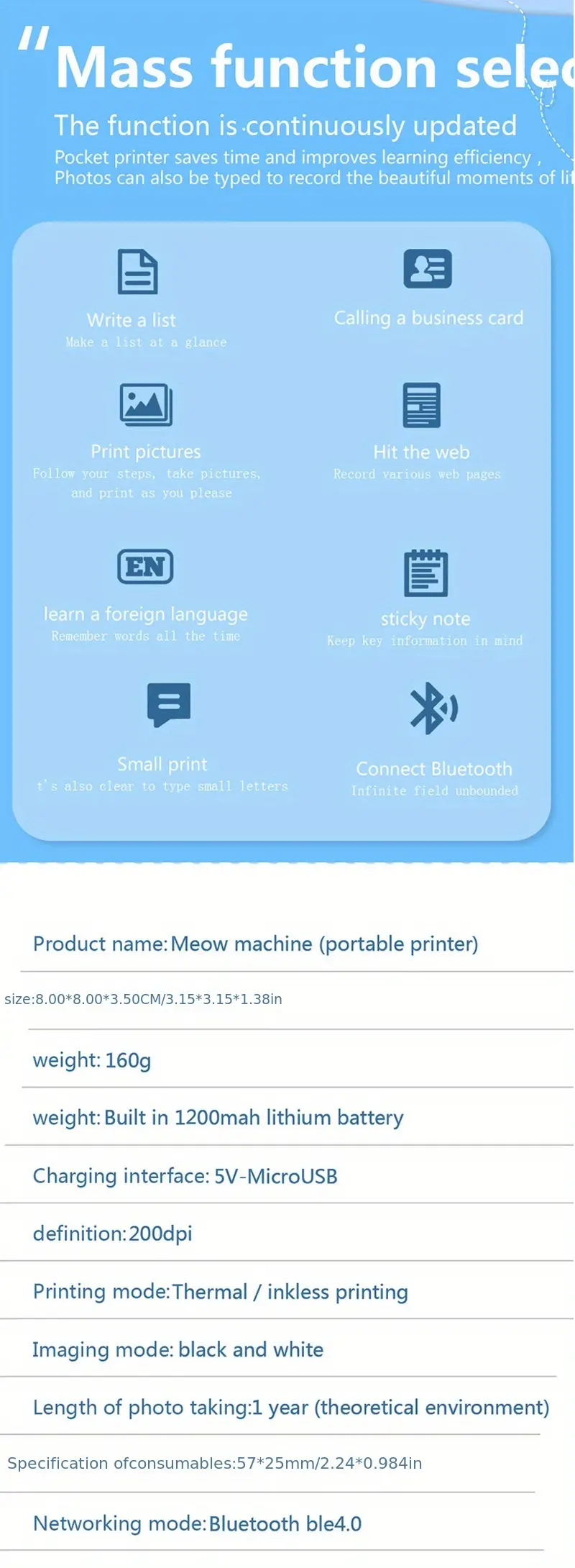 factory direct sales cat cartoon student mini printer bt mobile office ink free thermal printing print documents pictures labels more connect to mobile phone bluetooth download android app portable pocket minicomputer with roll of printed paper data charging line details 5