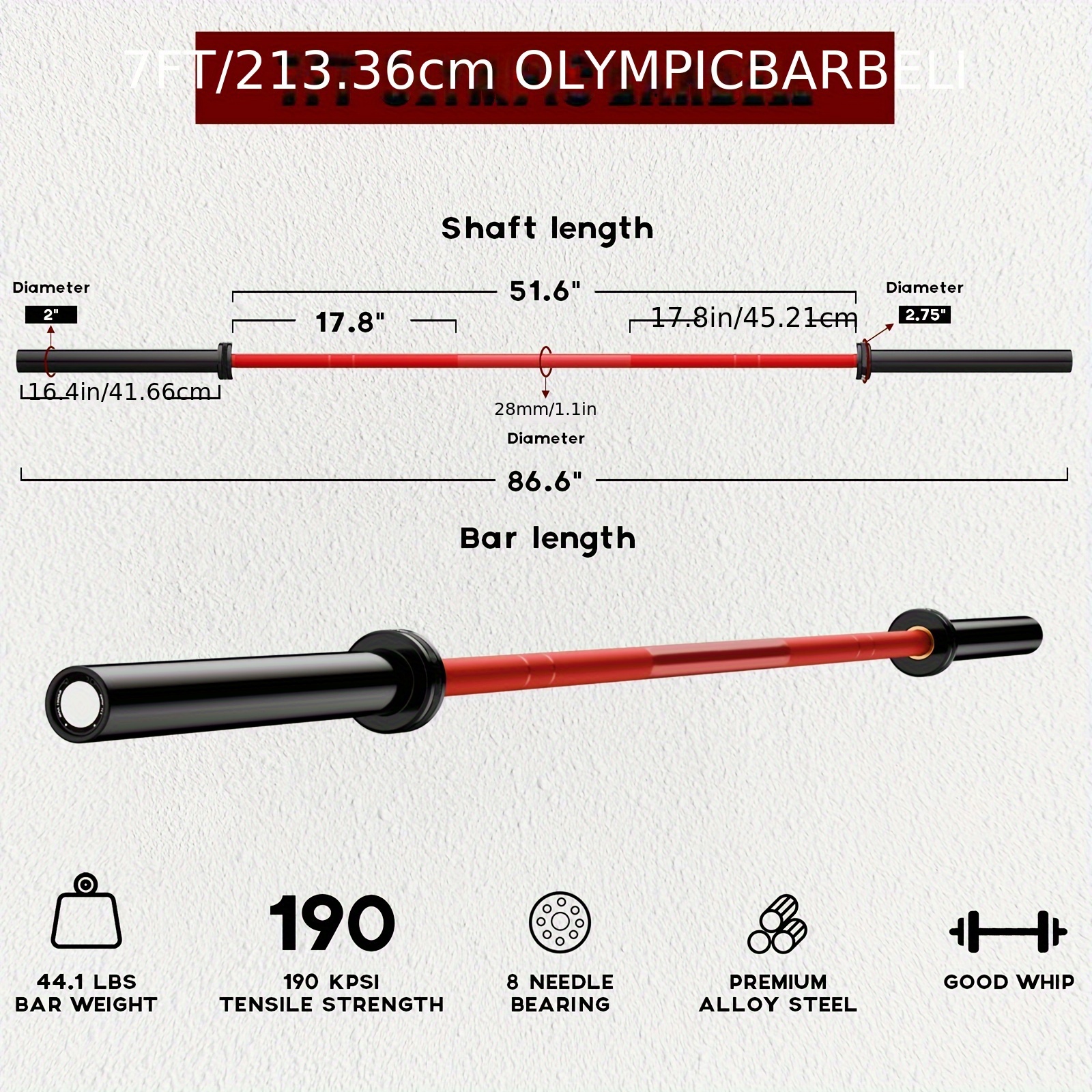 

1pc Barbell Bar, For Weightlifting And Powerlifting, 1500lbs Capacity, Fit 2" Standard Weights