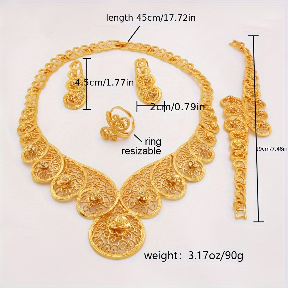 4pcs   luxury tribal style jewelry set gold plated zinc alloy with rhinestones necklace bracelet ring earrings for   for   festival celebrations details 1