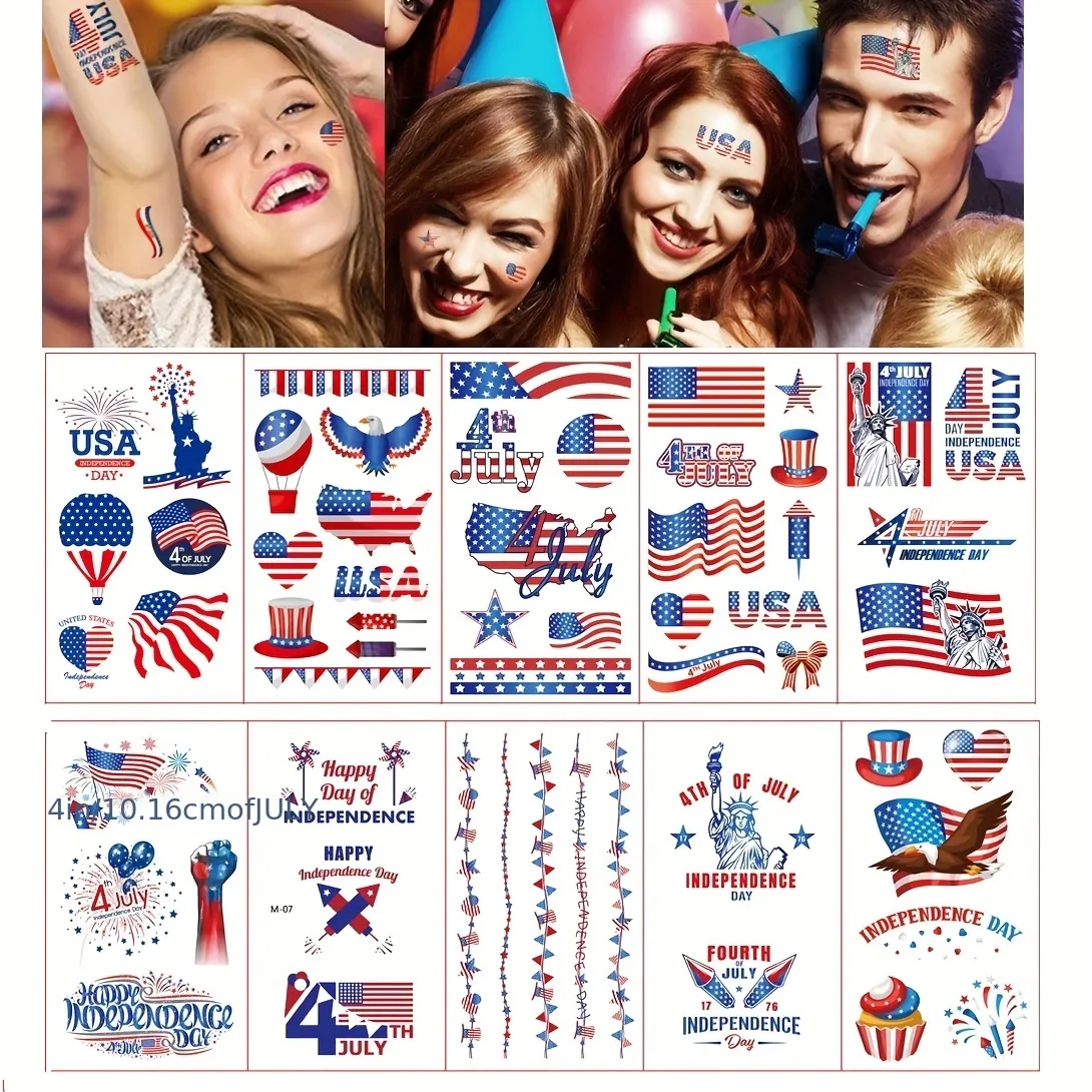 10 Sheets Fake Tattoos 4th Of July Temporary Tattoo Kids Adults Independence Day Fourth Of July
