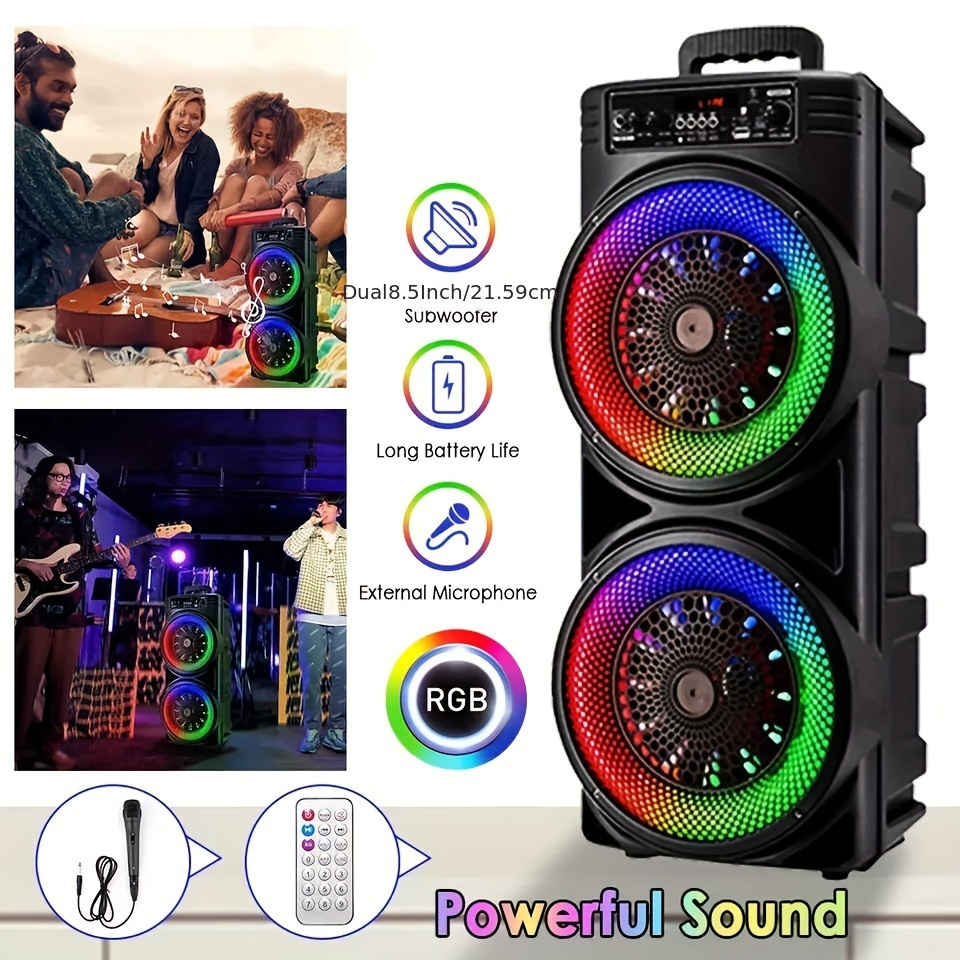 

Portable Speaker Heavy Bass Sound System Party Microphone, With Double Subwoofer Bass Rgb Lights Loud Boombox Outdoor Speaker Long For Outdoor Party