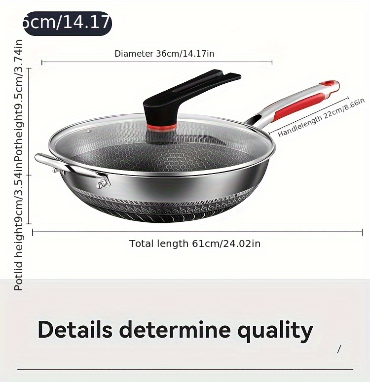 1pc honeycomb non stick stainless steel wok with glass lid 316 full screen anti scratch vertical pot cover dual anti stick shovels scratch resistant kitchen cooking tool for gas induction cookers details 20