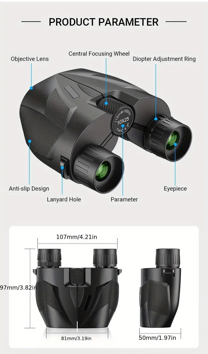 10x compact binoculars telescope bak4 fmc lens foldable pocket binoculars for bird watching camping hunting tourism details 8