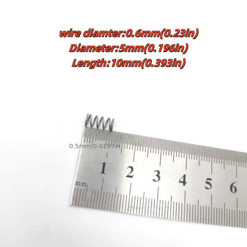 10 vnt. 0,6 mm skersmens suspaudimo spyruoklių, skersmuo 5 mm, ilgis 40 mm, tinkamos namų kasdieniniam priežiūrai, žaislų montavimui ir kasdieniniams priedų keitimams