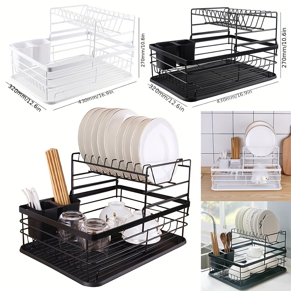 Double Rows Stainless Steel Dishes Drying Rack with Drain Board
