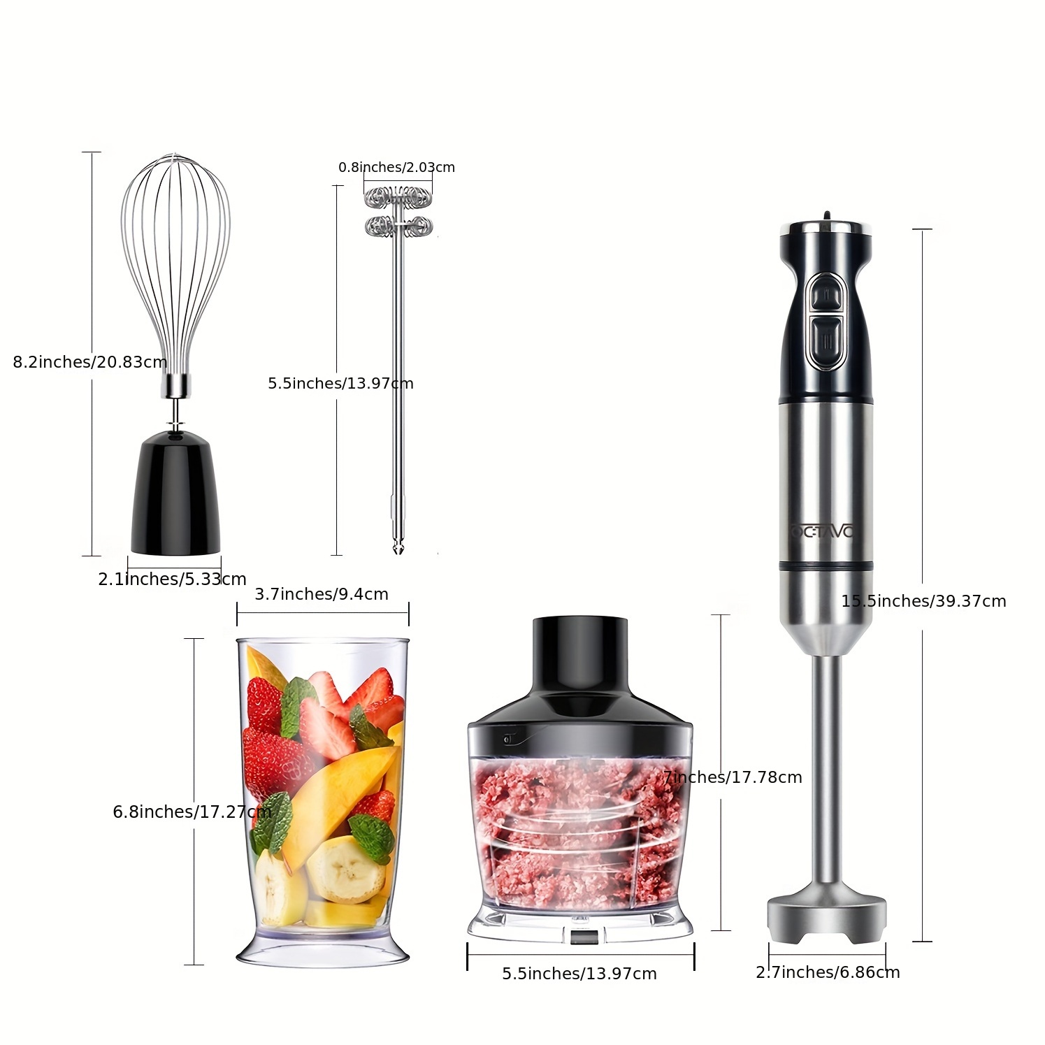 1pc hand blender immersion smart stick variable speeds titanium plated blade 800w 5 in 1 20 3 oz mixing beaker 17 oz chopper whisk and milk frother attachment bpa free details 2