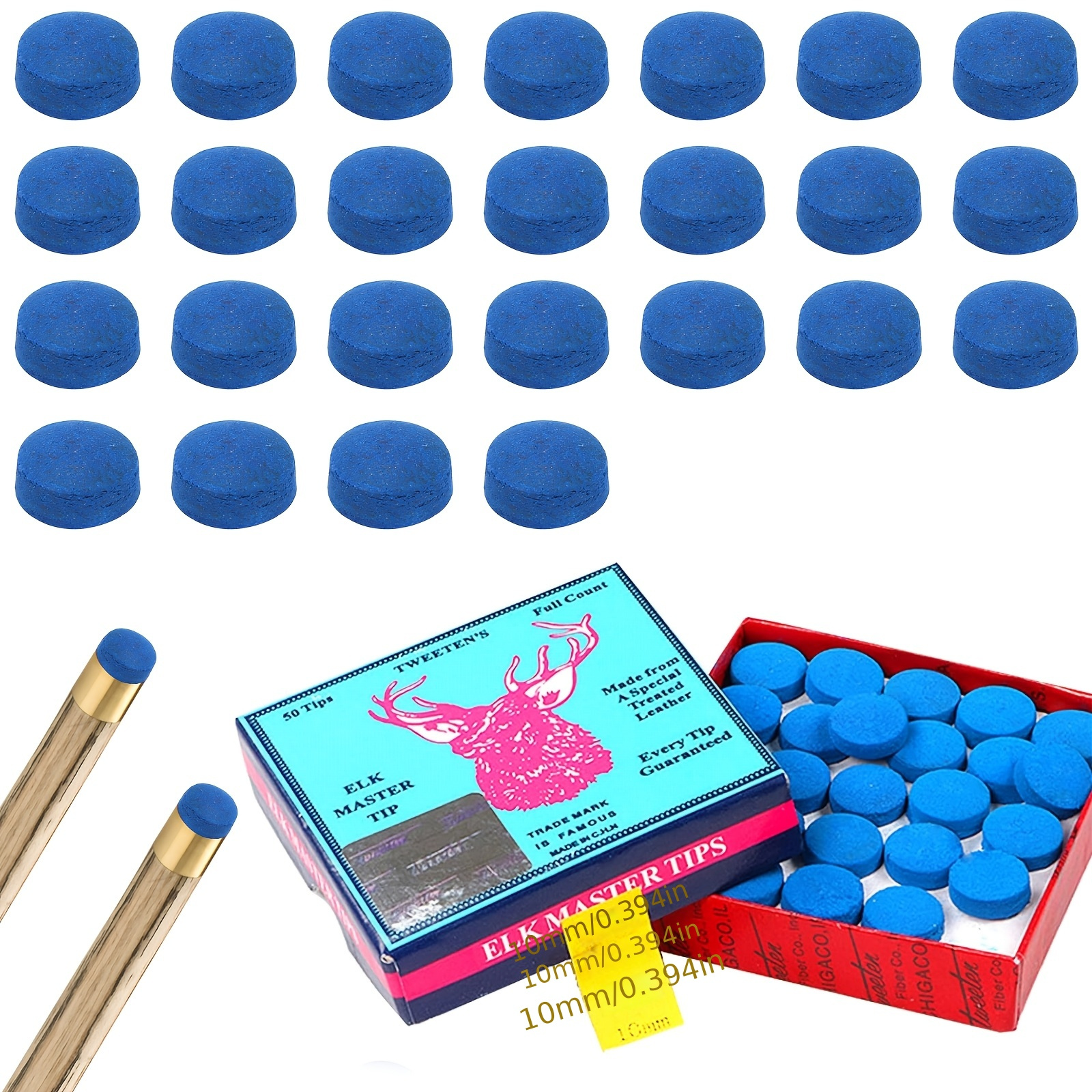 

50pcs Elk Master Cue Tip Set, 10mm Blue Cue Head Pads, Fabric Material, And Tear-resistant, For Pool Cues