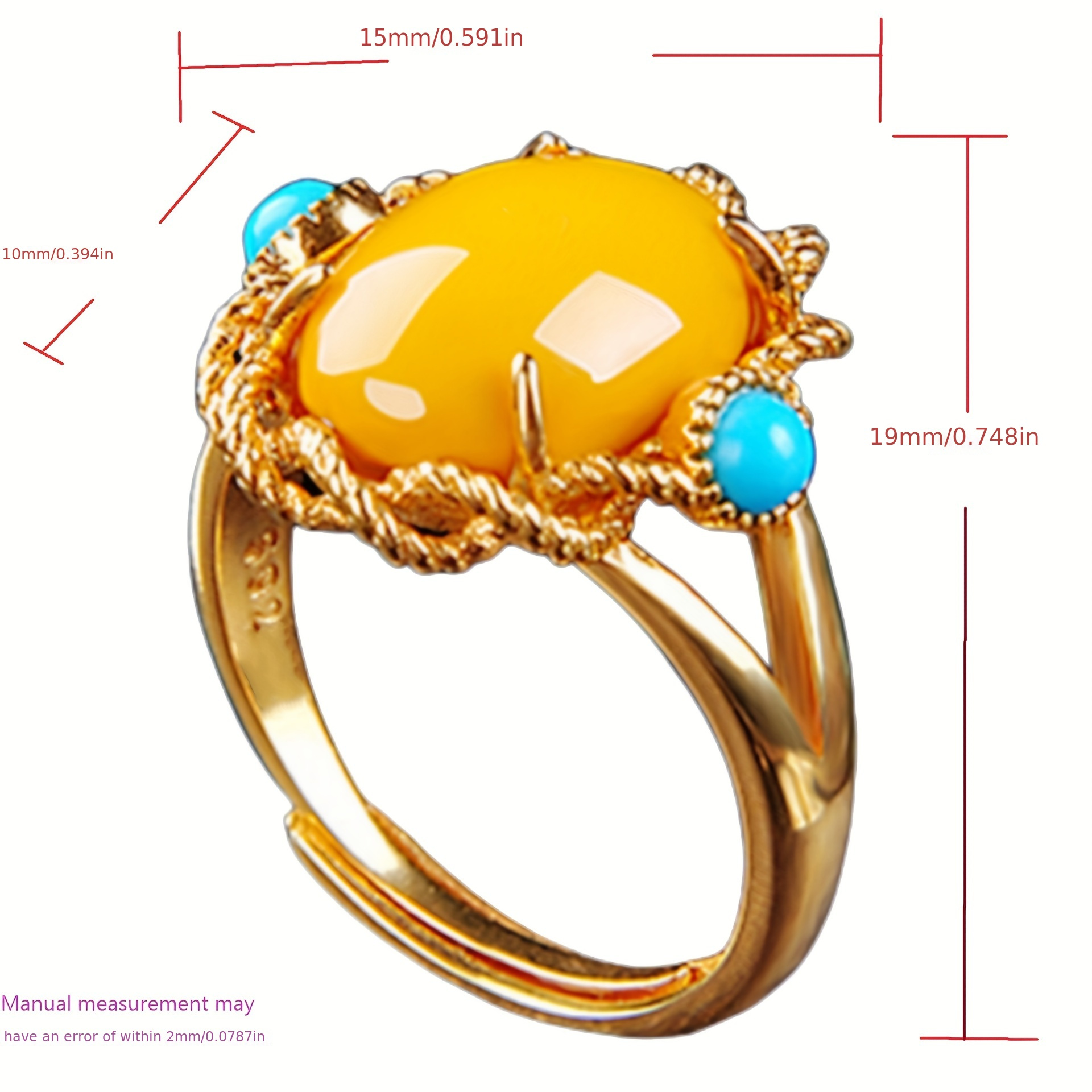 1pc vintage     ring 18k golden plated 925 silver synthetic amber and turquoise adjustable opening handcrafted personalized fashion for daily and banquet occasions mardi gras day accessory details 8