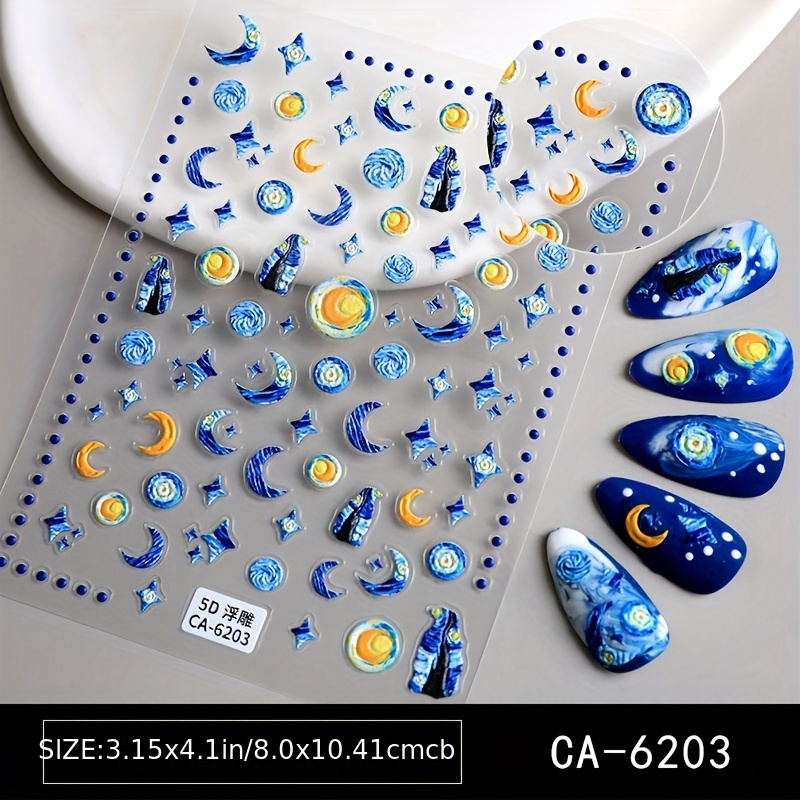 5D Embossed Nail Art Stickers, Starry Night & Butterfly Designs