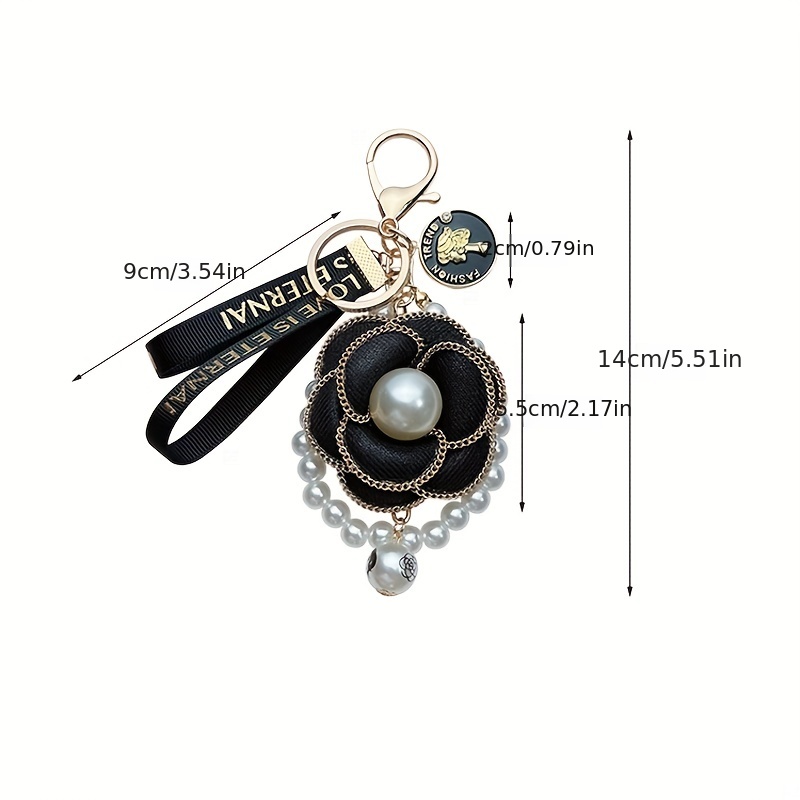 Trendy Oil Camellia No.5 Car Keychain Exquisite Bow Pearl Chain