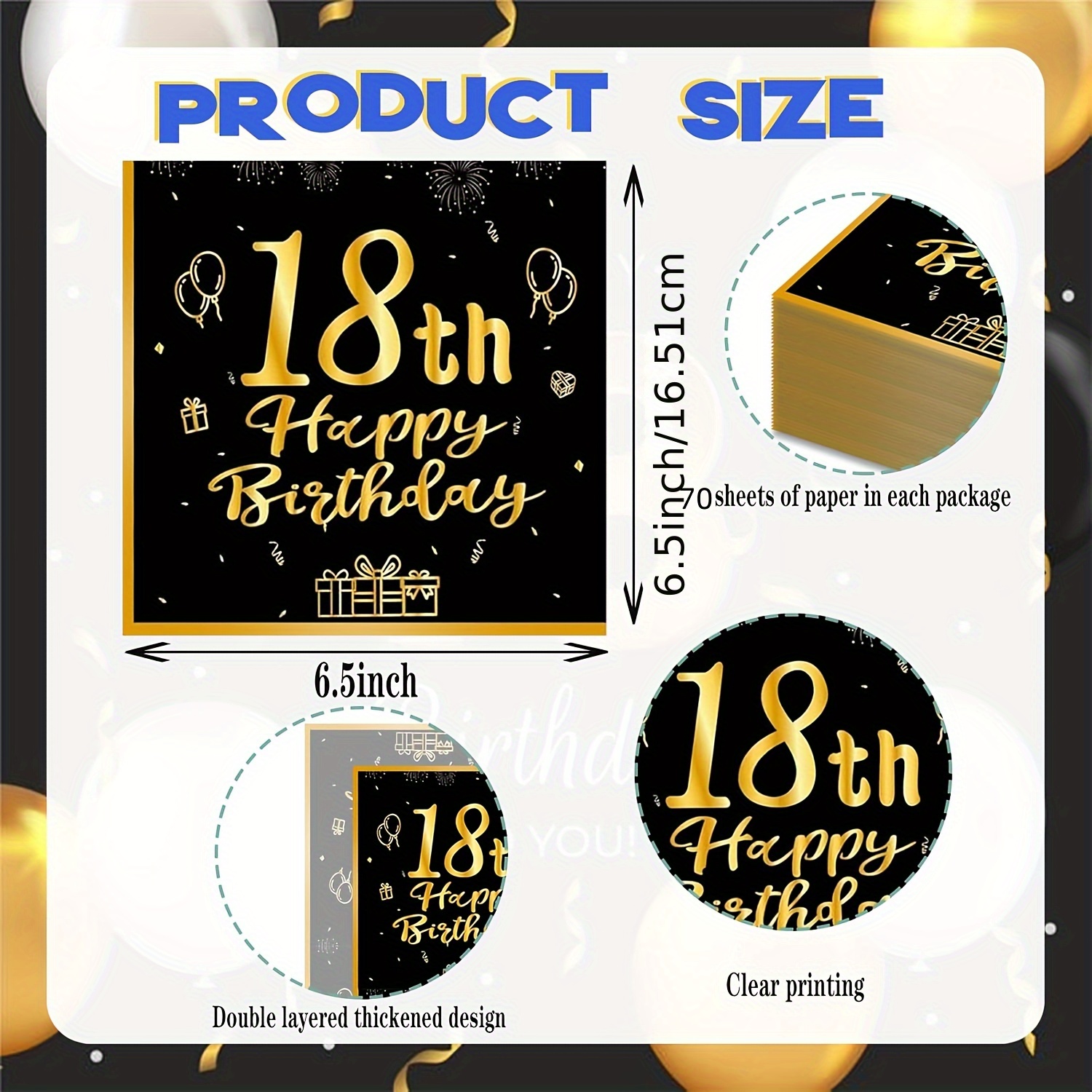 E-shop 60er-Pack 18. Geburtstag Goldene Schwarze Party-Servietten, geeignet für Abendessen, Picknick, -Partys - 6,5 x 6,5 Zoll Halloween & Weihnachten