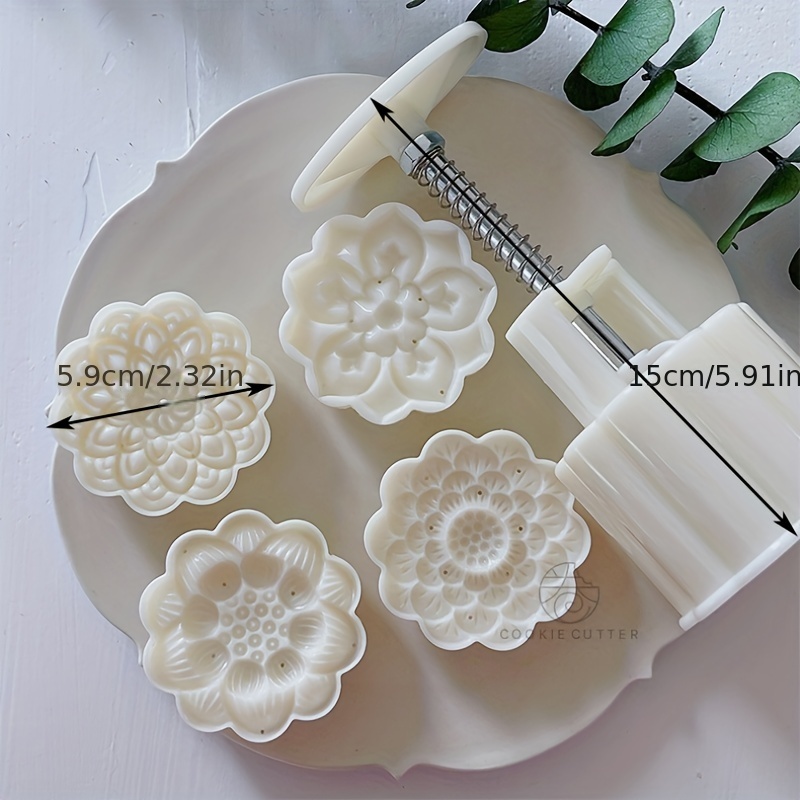 set   cake mold including 1pc mold and 4pcs stamps flower shaped moon cake maker plastic diy hand press cookie stamps   autumn festival pastry tools baking tools kitchen gadgets kitchen accessories home kitchen items 2