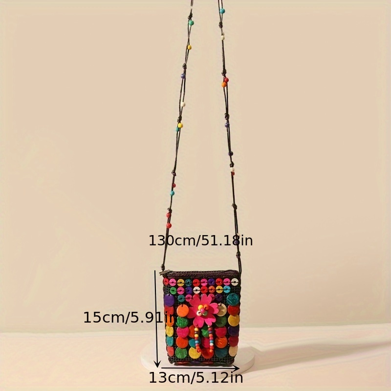 

Ethnic Style Mini Crossbody Bag, Coconut Shell Beaded Coin Purse, Bohemian Mobile Phone Bag For Women