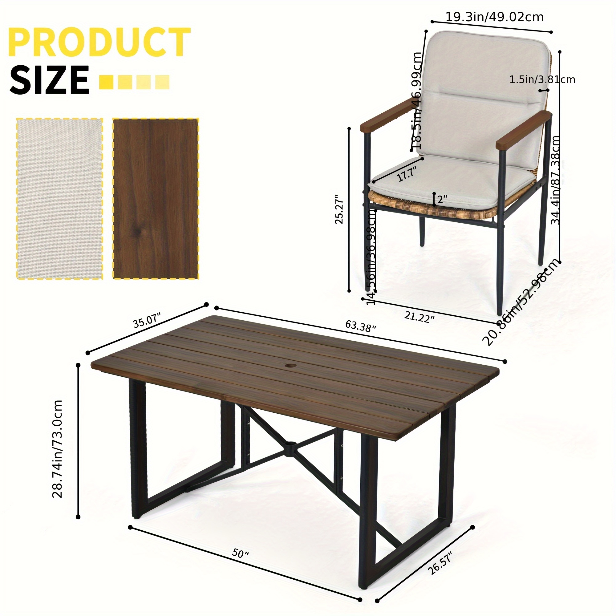 Patio Dining Set Outdoor, Wicker Chairs with Aluminum Frame and Olefin Cushions, Large Wooden Dining Table with Umbrella Hole, Patio Table and Chairs for Yard Garden Porch