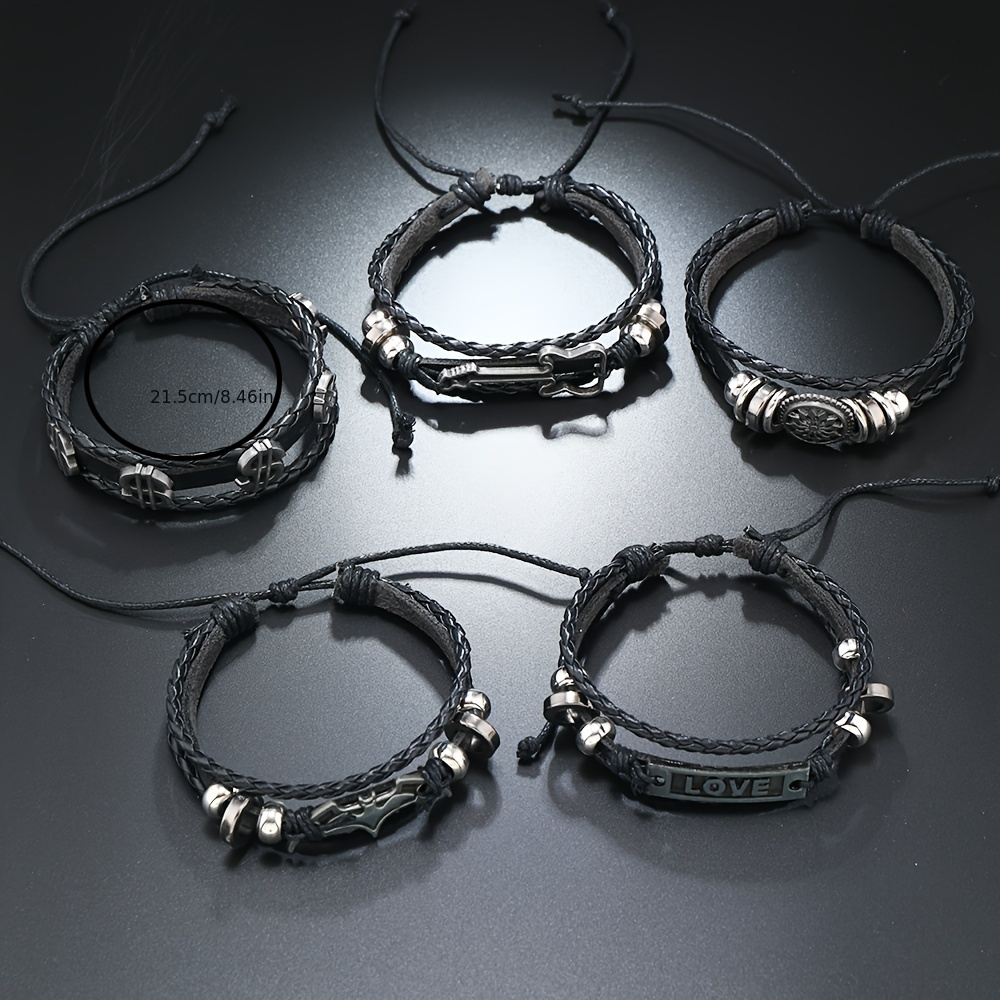 Juego de 6 pulseras tejidas artesanales para hombre en cuero sintético estilo hip-hop punk