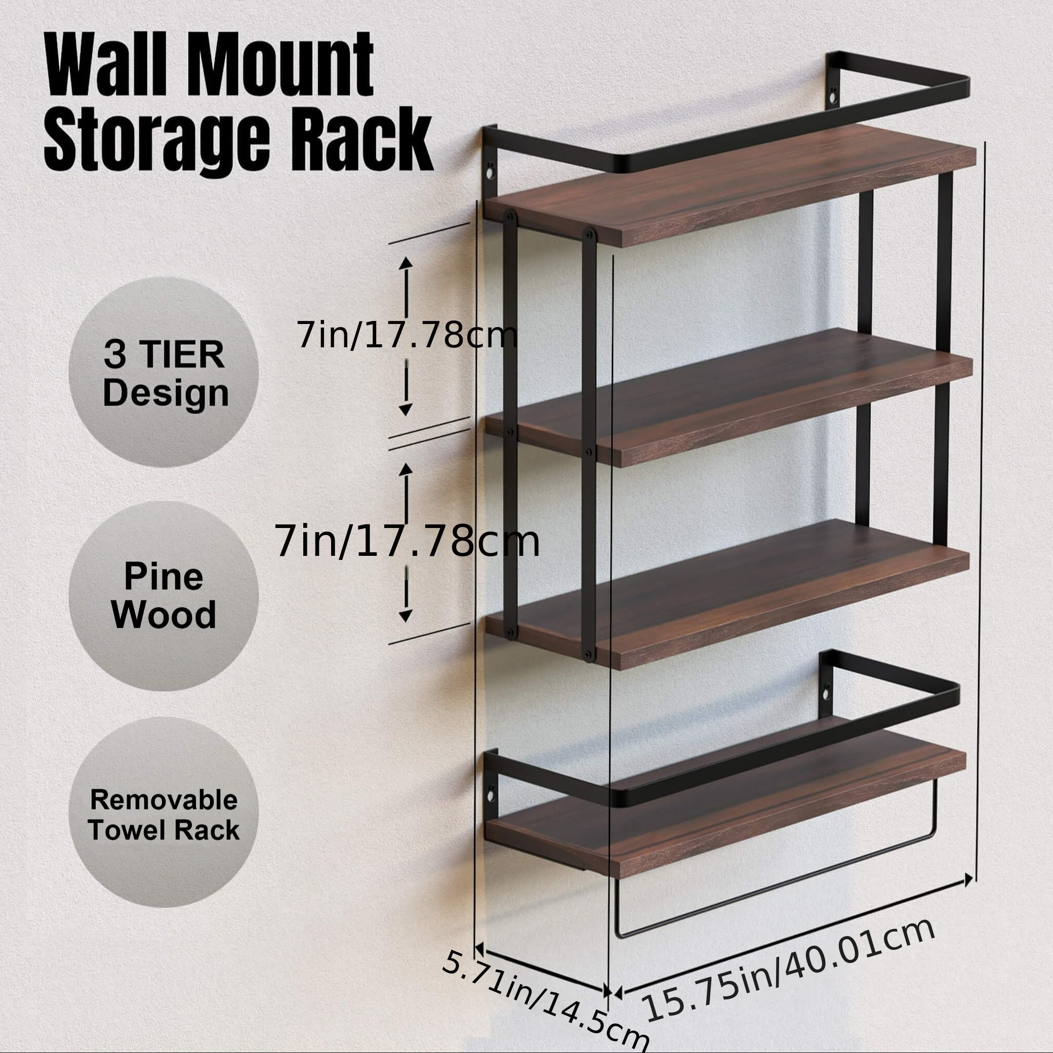 

House 3+1 Tier Wall Mounted Floating Shelves Set Of 2, Rustic Wood Wall Shelf With Metal Frame, Extra Storage Rack For Bathroom, Kitchen, Bedroom With Tissue Rack & Towel Bar - Rustic Brown