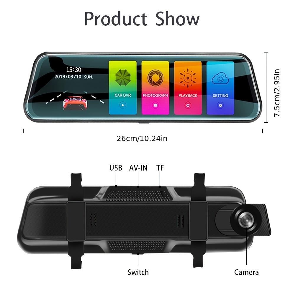 10 Inch Car Dash Cam HD Rear View Mirror Full Screen Touch Dual Cameras Sound Control