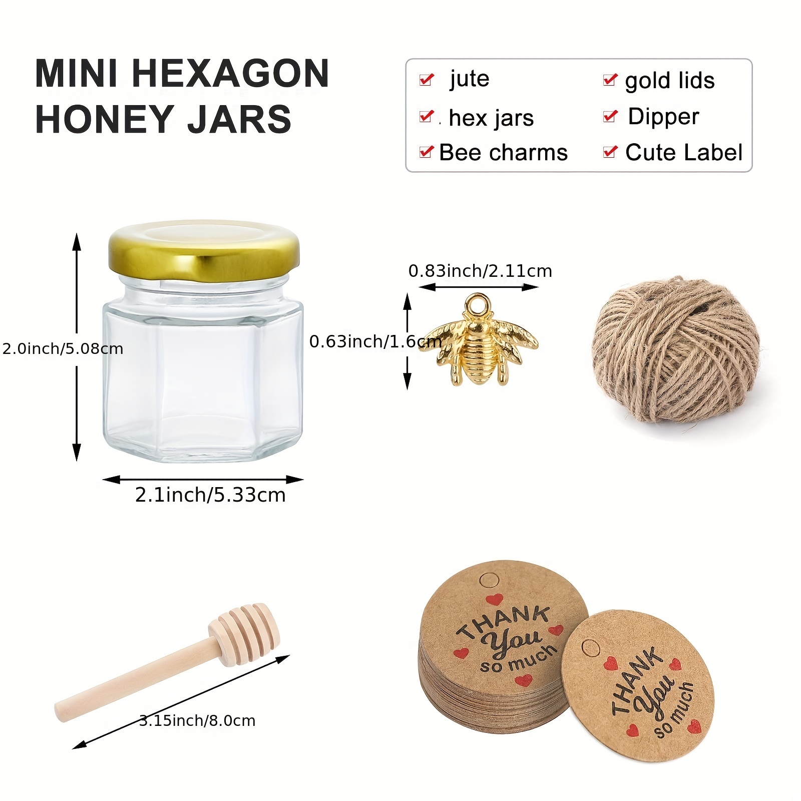 Keketin Tarros de miel de 1.5 onzas, paquete de 30 frascos hexagonales de  vidrio con tapas doradas, tarros pequeños de conservas de 1.5 onzas