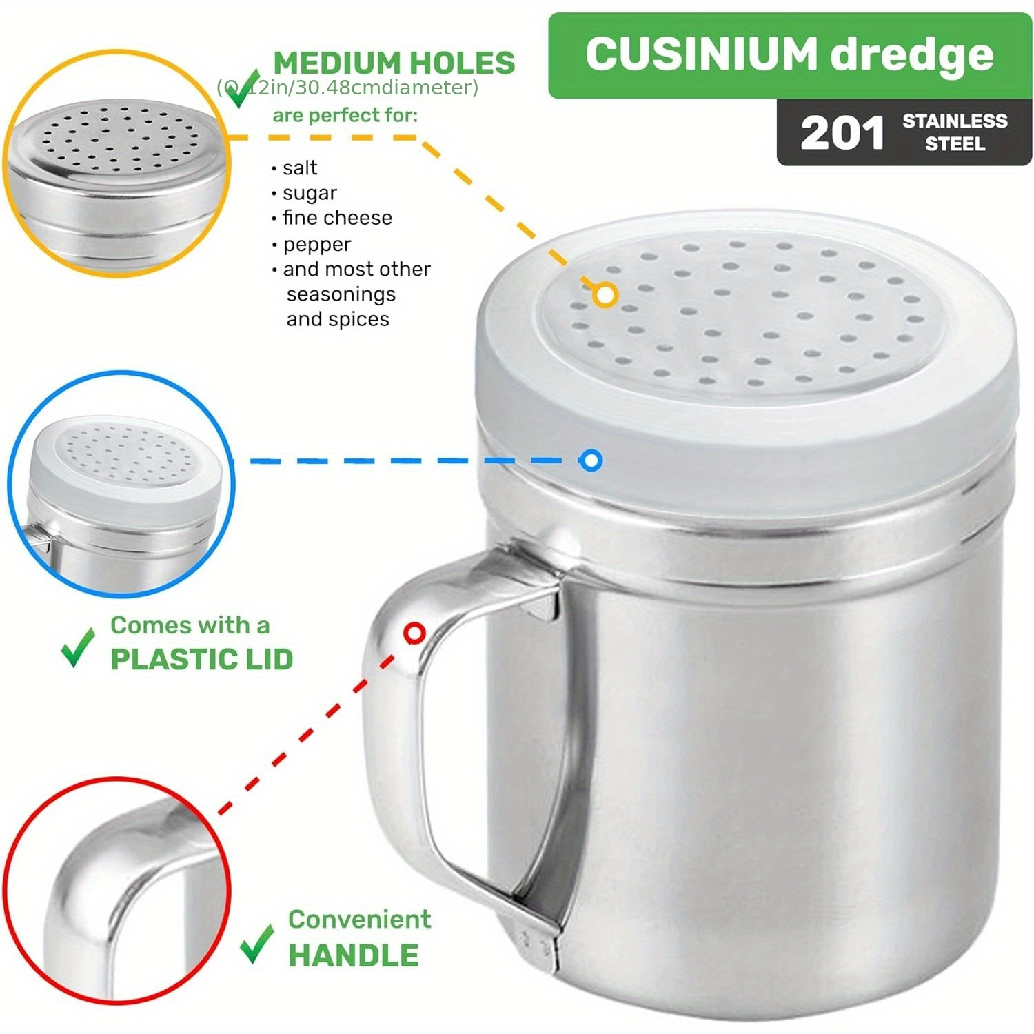 Astonishing Set of 2 Stainless Steel Salt And Pepper Dispensers with Handles - 10 Ounces, Medium Design, Seasoning Containers Featuring Holes And Lids for Kitchen Application. 6 Astonishing Set of 2 Stainless Steel Salt And Pepper Dispensers with Handles - 10 Ounces, Medium Design, Seasoning Containers Featuring Holes And Lids for Kitchen Application. - Image 6