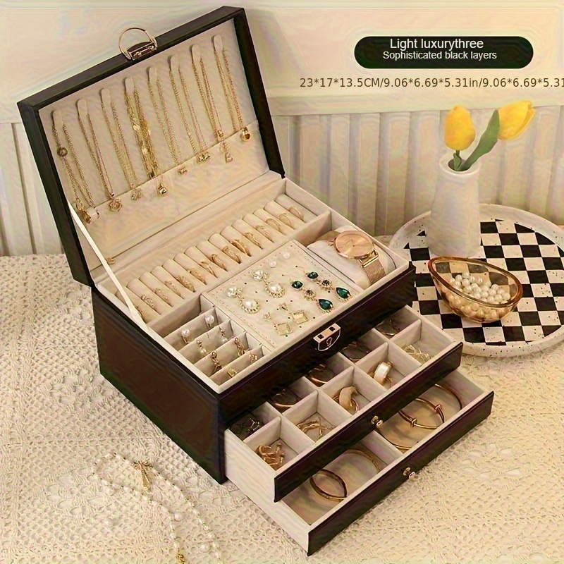 vintage     leather jewelry organizer box with 3 drawers elegant necklace bracelet and ring storage case for women jewelry box jewelry boxes Product details 1