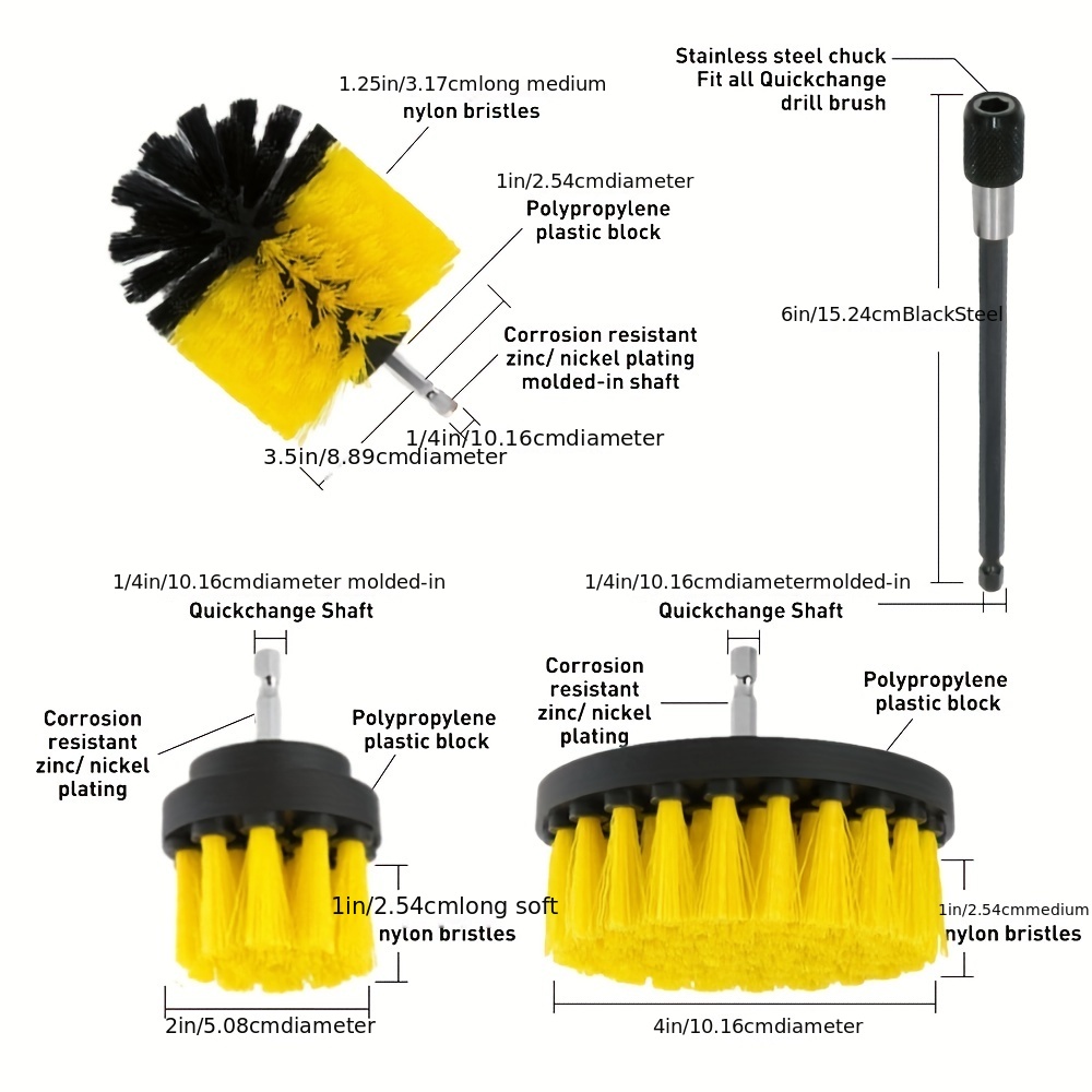 Drill Power Heavy Duty Stiff Bristle Scrub Brush Cleaning Kit, Size: 2in, 4in, 3.5in Corner Brush