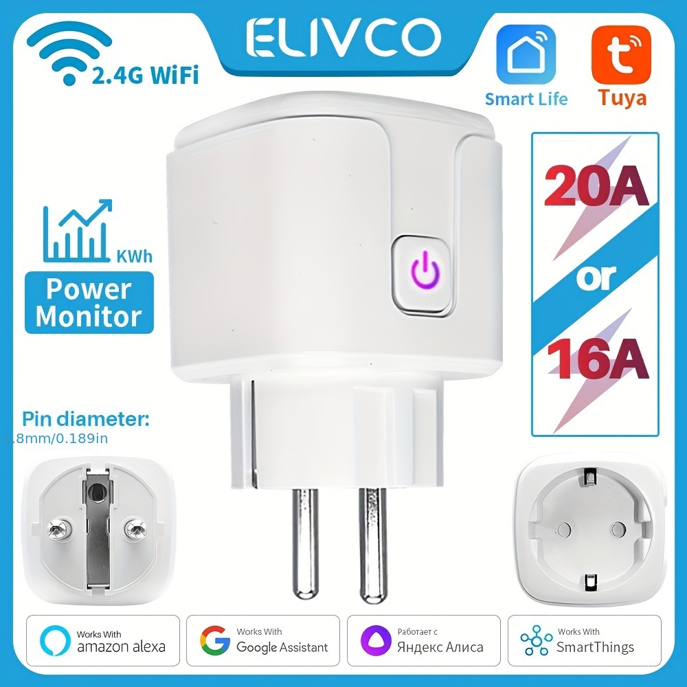 20A Tuya WiFi EU Smart Plug 220V Power Monitor Wireless Socket for Alexa EU  Plug