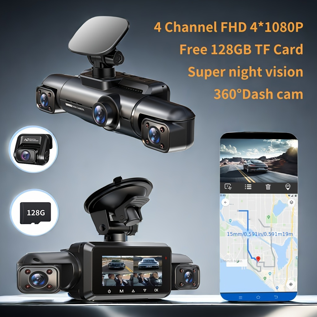 

Dash Cam 360 Degree For Car Cameras, 4 Channels Fhd 4 * 1080p, Wi-fi Gps Car Camera, Free 128gb Sd Card, Night Vision