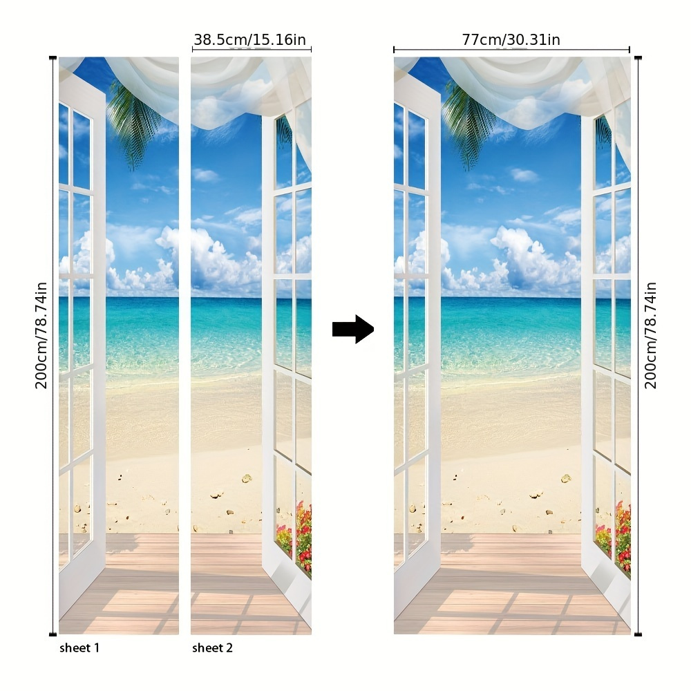 2pcs 3d Seascape Vinyl Door Sticker, Peel And Stick Self-adhesive Removable  Wall Sticker, Waterproof Wall Sticker Kitchen Living Room Room Decor Door