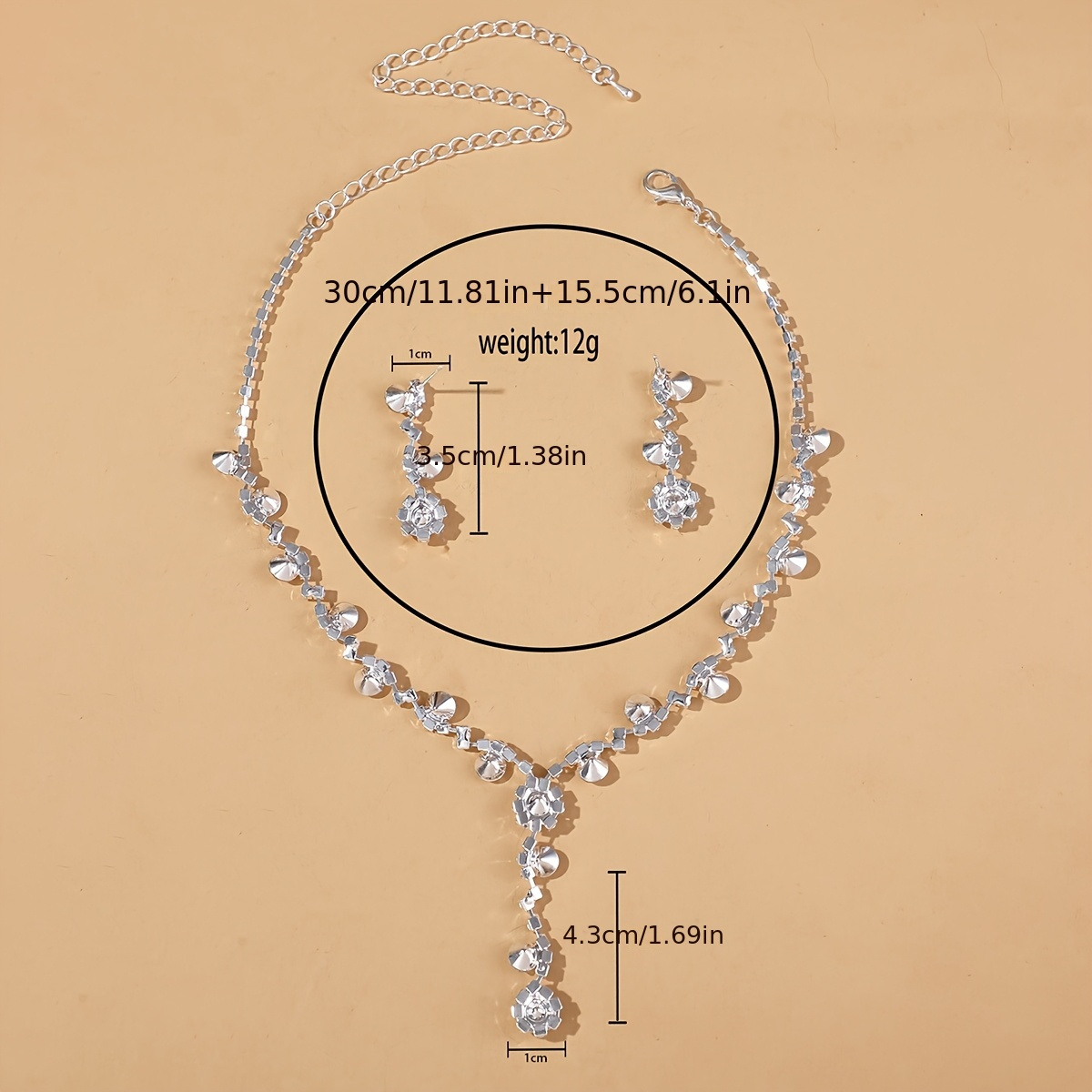 Silver Rhinestone Heart Necklace Earrings Set