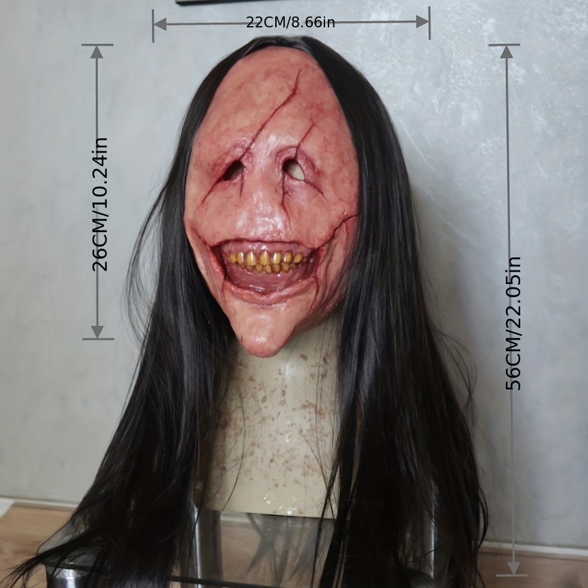 New Synthetic Latex Horror Zombie Ghost Mask Long Black Wig Bloody