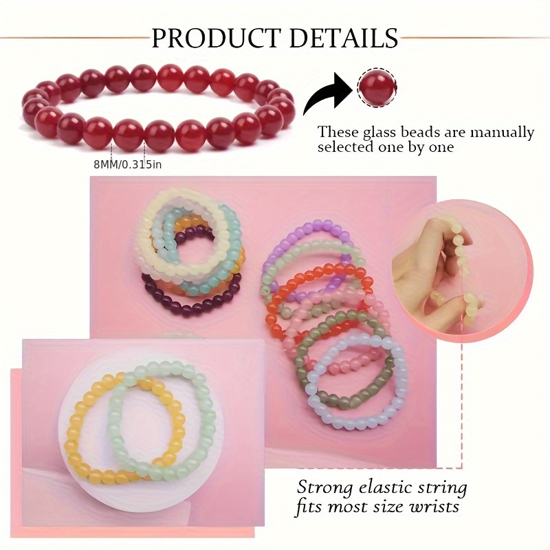 20pcs 8mm Colorful Glass Bead Bracelets - Classic & Preppy Style