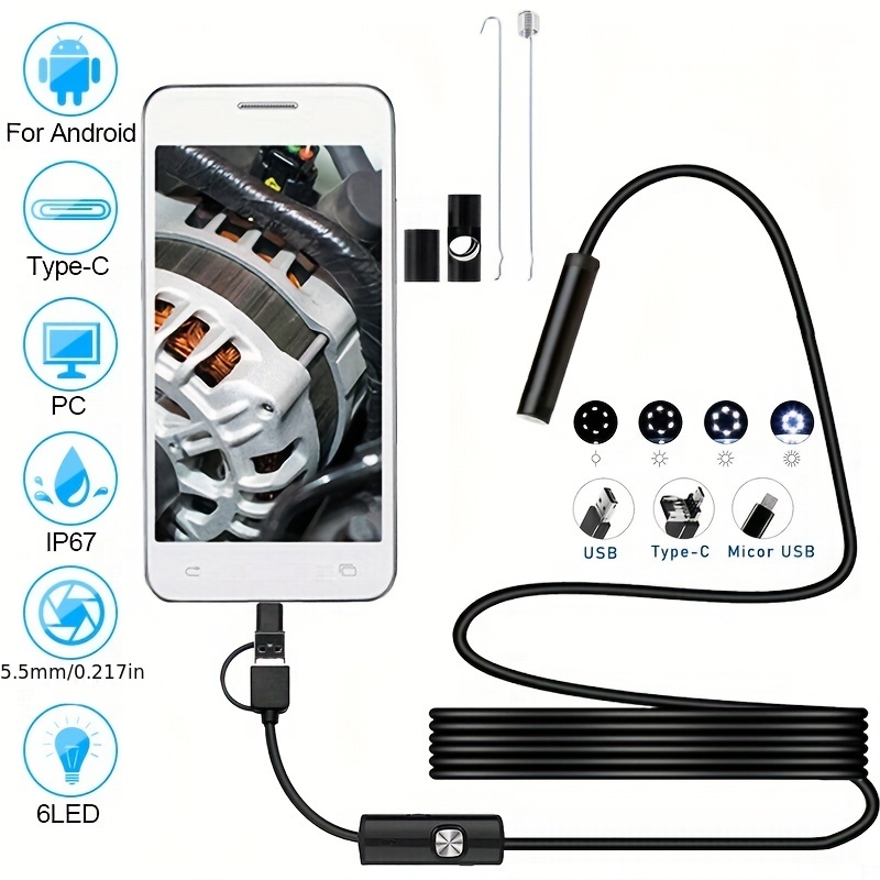 Mini Caméra Endoscopique Android 3 en 1, Micro USB Type-C, Boroscope  Étanche, LED, Inspection de