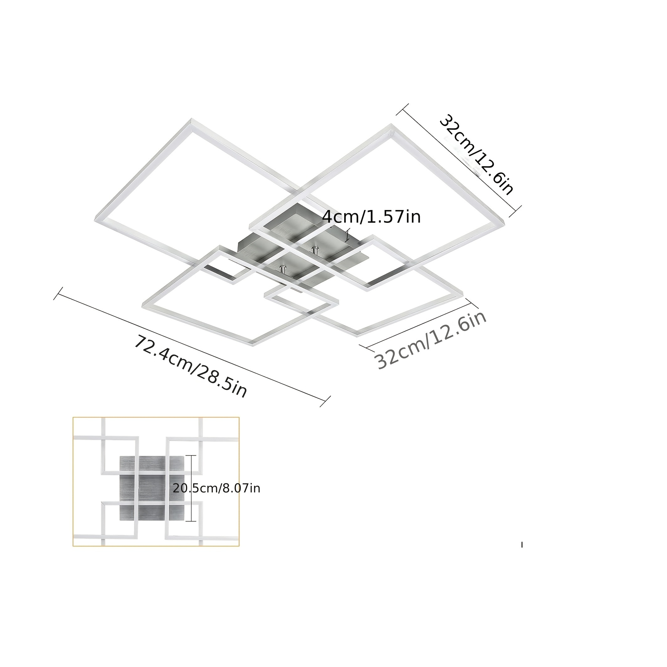 TEMU Ceiling Light For Living Room - 72cm Black/silvery Bedroom Light With Dimmable Remote Control 48w Modern Rectangular Ceiling Light Suitable For
