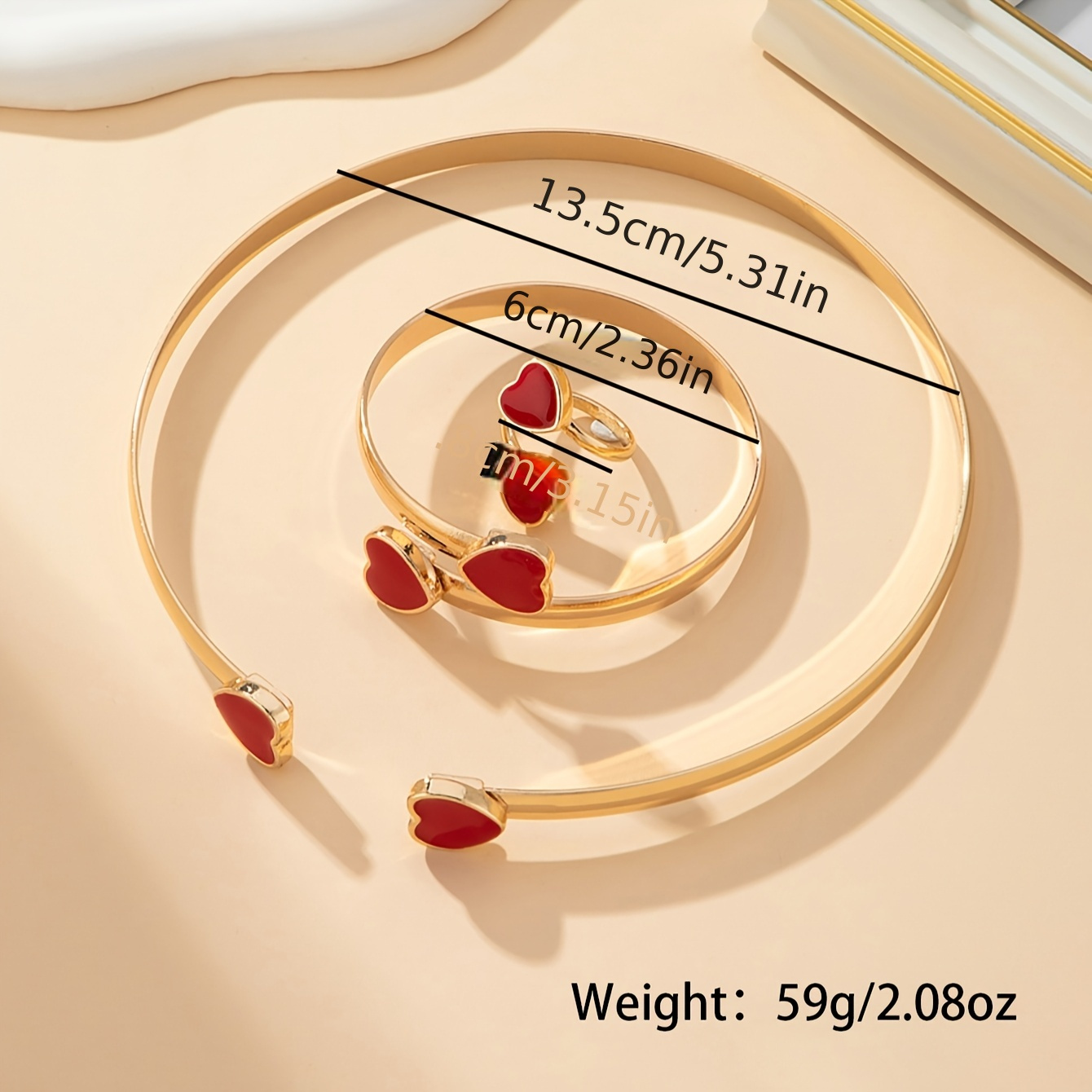 3pcs Metal Heart Bracelet Ring Set for Women