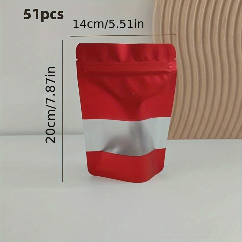 TEMU 51pcs Food Storage Bags With Reinforced Zipper Seal, Red Foil Pouches With Window For Tea, Gummies, And Coffee