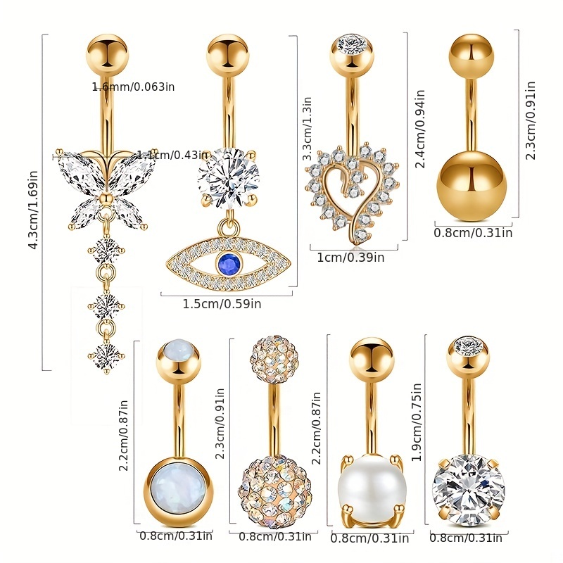 8pc Golden Love Heart Devil's Eye Belly Button Ring Set
