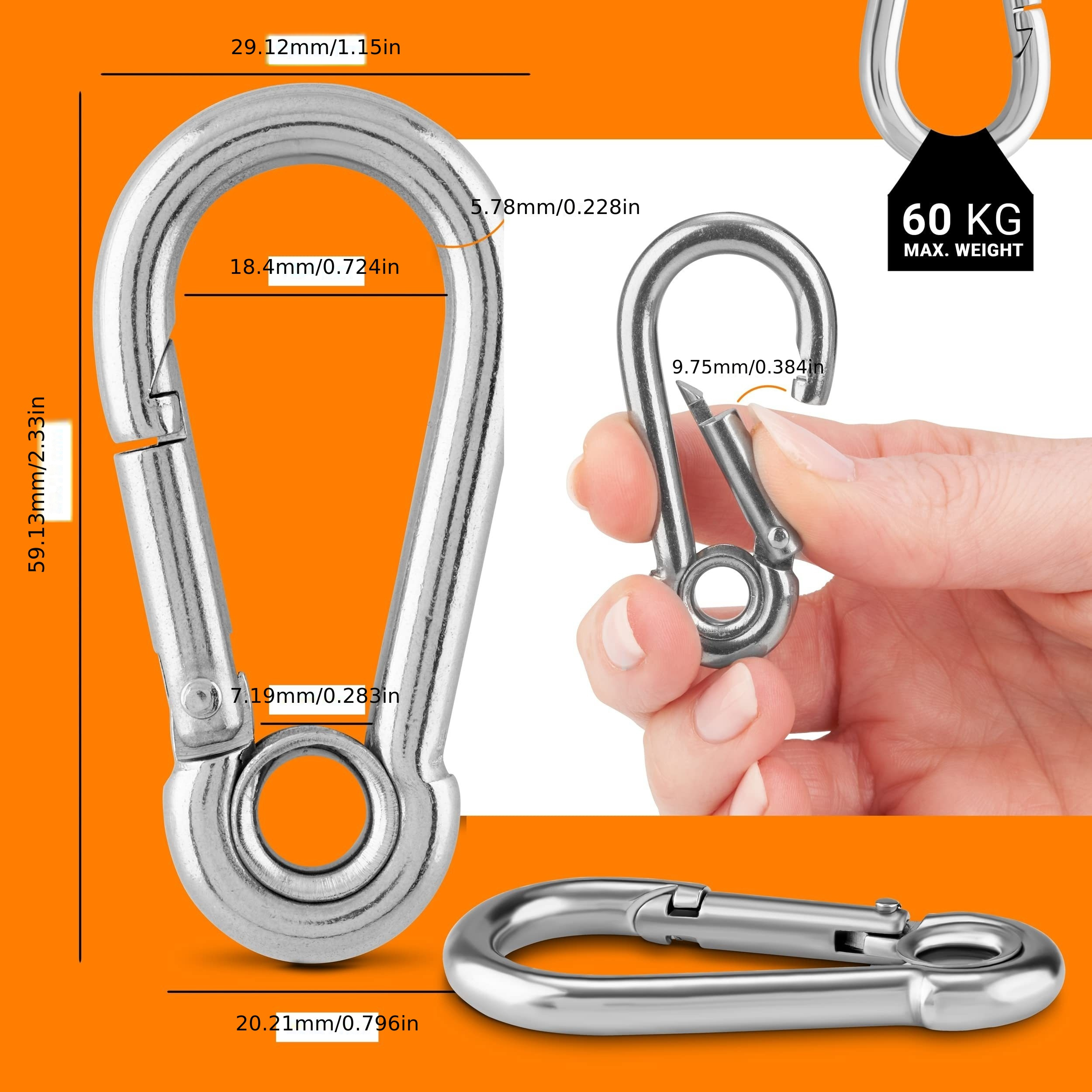 2 Inch Stainless Steel Spring Snap Hook Carabiner 316 Stainless Steel Clips  for Keys Swing Set Camping Fishing Hiking Traveling,6PCS