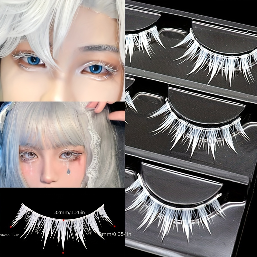 White False Eyelashes, Cosplay Wet Hard Style Eyelashes Short Medium Long Length Stage Painting Performance 3 Pairs