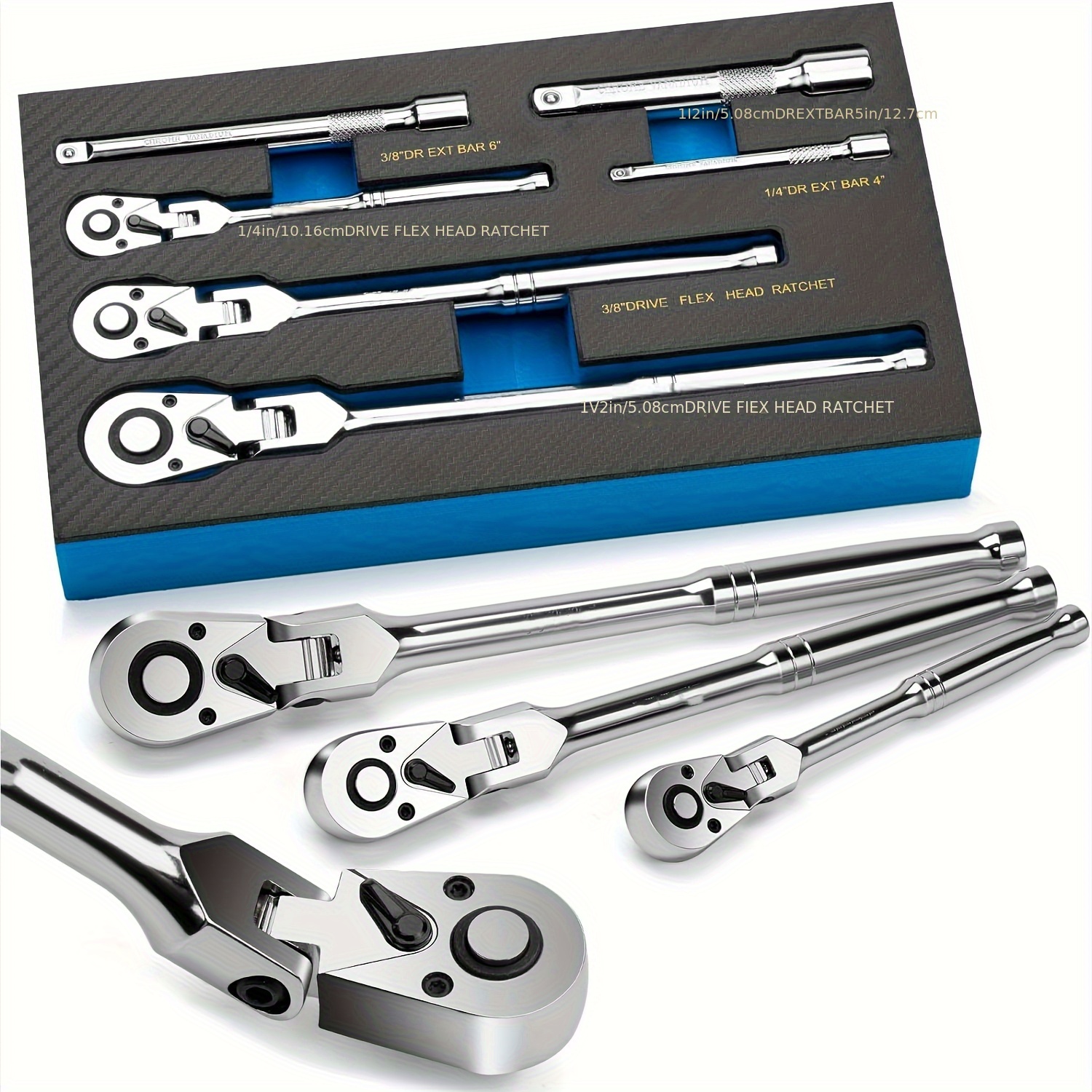 6pcs Twist Ratchet Set, 1/4 ", 3/8 ", 1/2 "drive With Extended Bar Rotating Head Ratchet Wrench, 72-tooth, 180° Adjustable, Quick Release, Flexible Ratchet Handle With Eva Foam