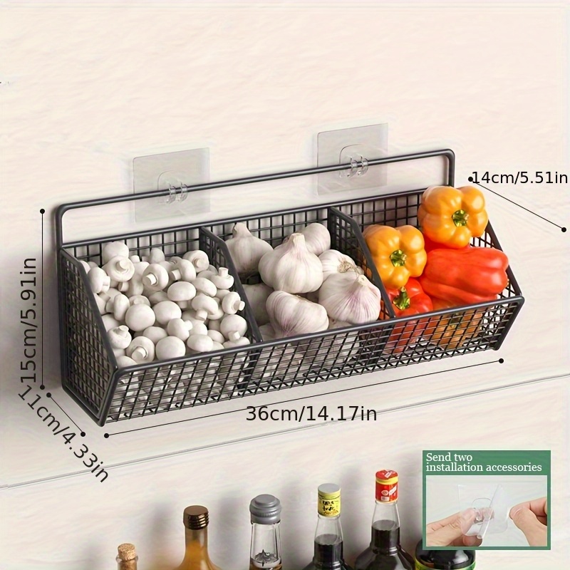 TEMU 1pc Modern Wall-mounted Kitchen Storage Basket - Durable Metal Wire Organizer For Spices, Garlic, Onions & Vegetables -
